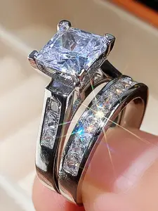 2-Piece Princess Cut Zircon Ring Set, Square shaped ring, Gold & Silver, Brilliant square-cut center stone with a matching eternity band. Perfect as an engagement ring, wedding band, or promise ring for her