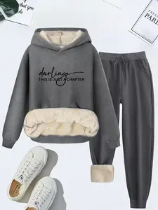 Women's Letter Print Hoodie & Drawstring Waist Pants Two-Piece Set, Casual Matching Set, Casual Long Sleeve Hooded Top & Pocket Trousers for Fall & Winter, Women's Clothes for Daily Wear