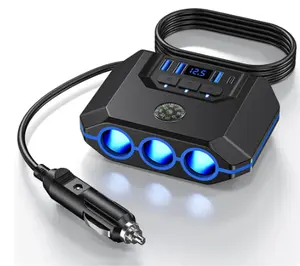 3-Socket 120W Car Cigarette Lighter Splitter Charger Adapter - Independent Switch, Voltage Monitor, Dual 12V/24V Power Outlet, Fast USB Charging - Compact, Safe, and Reliable Car Accessory for Road Trips Dashcam Cable