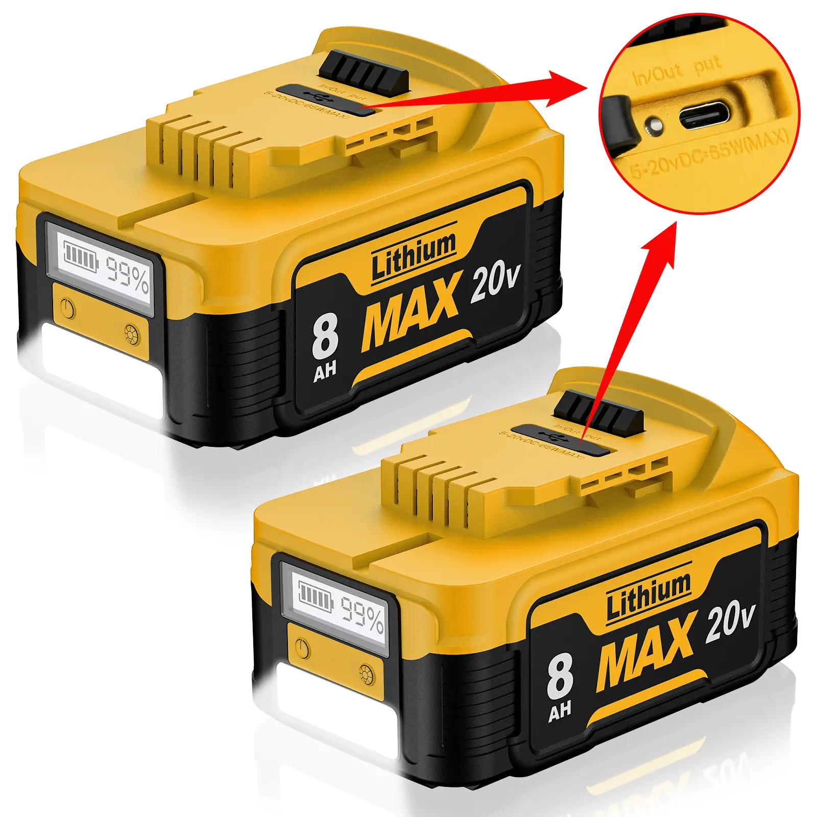 Fathersdaygift Upgrade 2-Pack 8.0Ah Replacement for Dewalt 20V Battery with LCD Display, LED Light & PD-Ready USB-C Port– Compatible with Max XR DCB180 DCB205 DCB206 DCB206-2 DCB200 DCB204 DCB204BT-2 DCB203 DCB201 DCB207 – Lithium-Ion for Cordless Tools