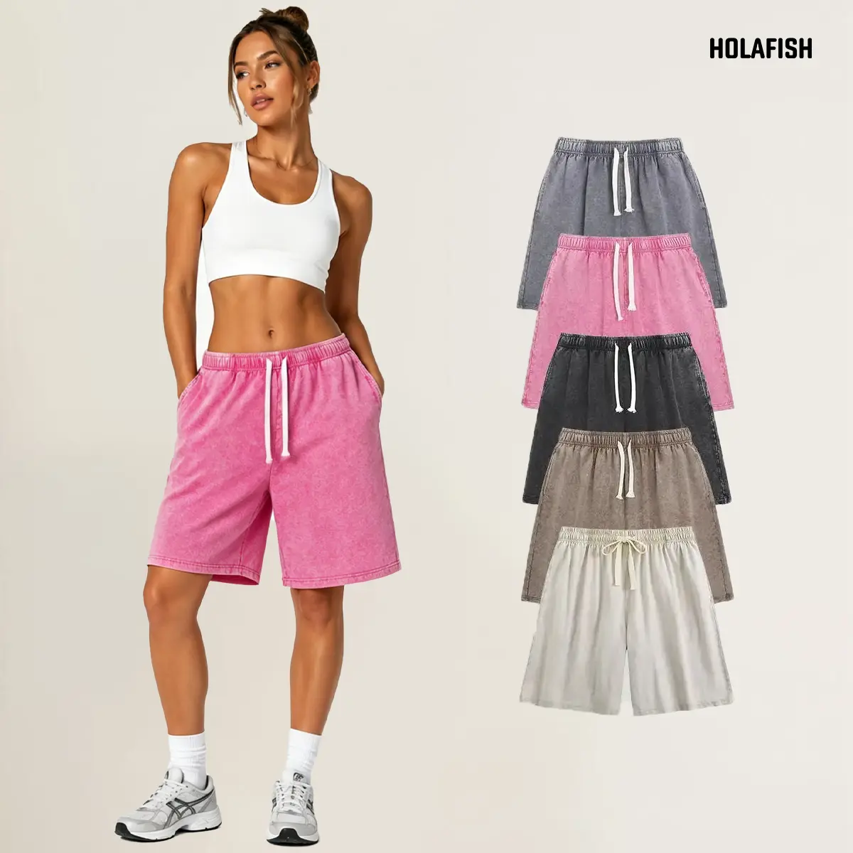 Holafish 1/2Pack Women's Vintage Shorts Acid Washed Cotton Unisex Athletic Casual Wear with Comfort Elastic Waist a Wardrobe Essential for Men and Women summervibes