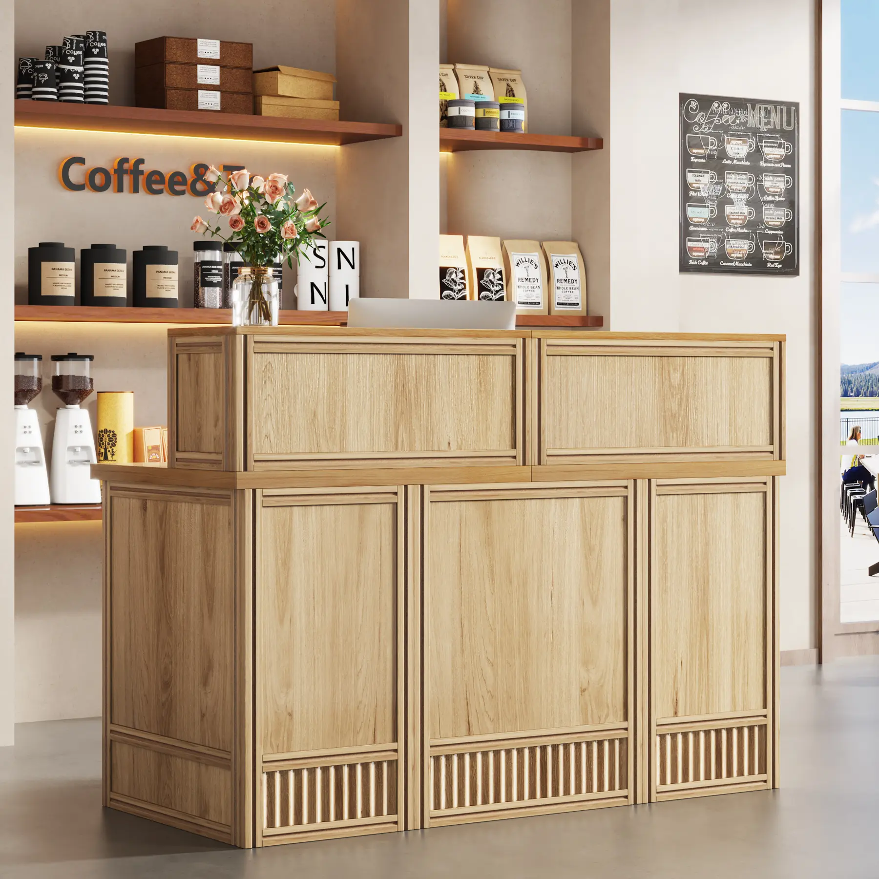 LITTLE TREE Reception Desk with Counter, 57-Inch Rustic Front Receptionist Table, Boho Welcome Desk Checkout Counter for Office, Retail, Lobby, Beauty Salon