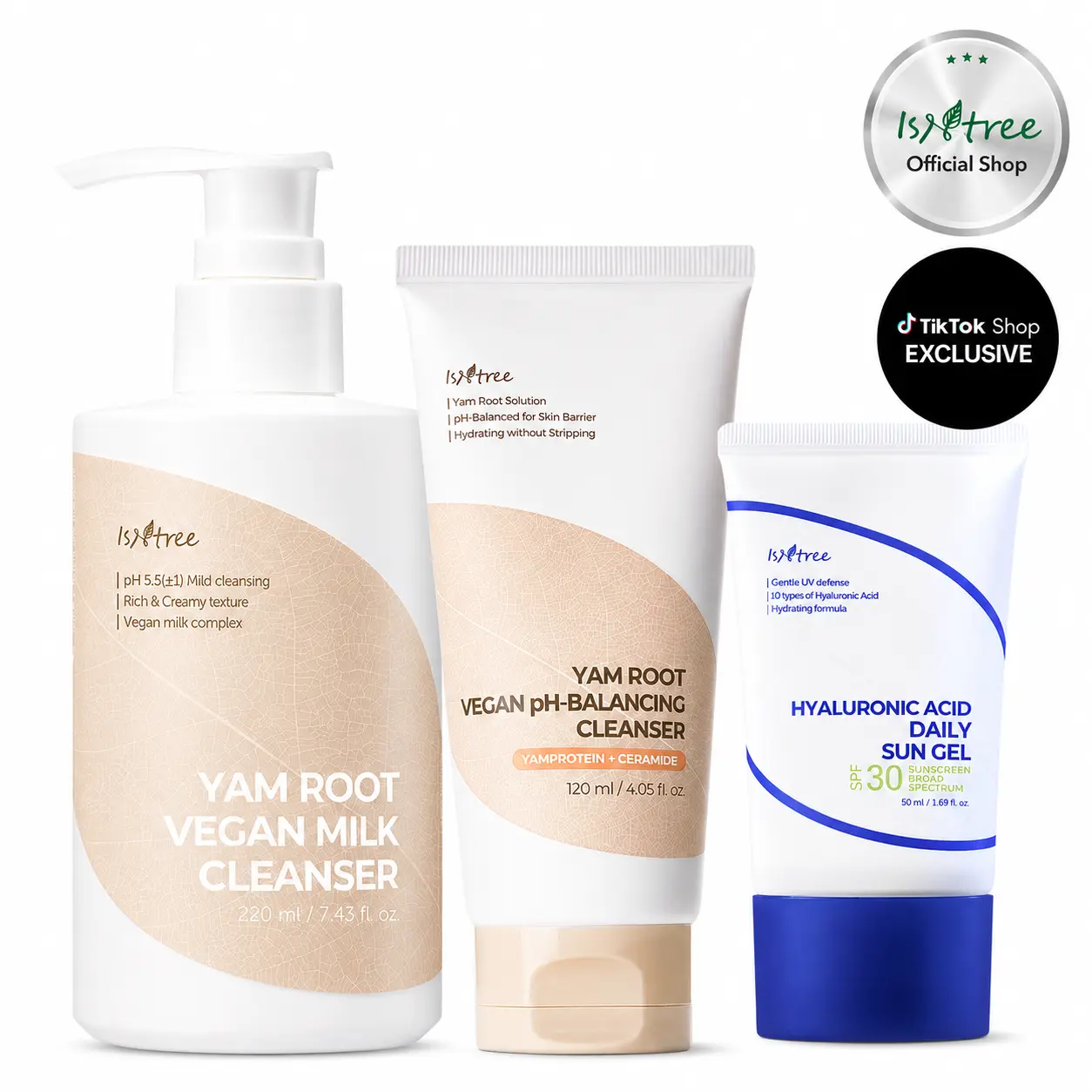 [isntree Official Shop] The 333 Daily Skincare Essentials Set | Summer Kbeauty Double Cleansing Facial Care Trio with Yam Root Milk Cleanser + Low pH Cleanser + Hyaluronic Acid Sun Gel SPF for Sensitive Skin