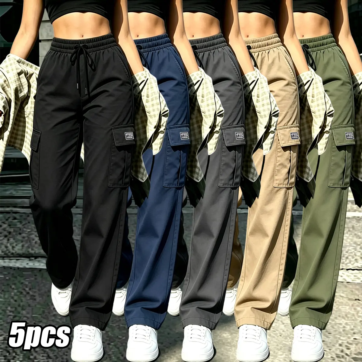 Women's Pants 5-Pack, Solid Color Cargo Pants with Multiple Pockets and Adjustable Drawstring, Long Length Casual Wear for All Seasons, Pants For Women