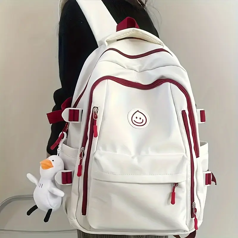 Male Casual Canvas Laptop Compartment Backpack with Duck Pendant - Large-Capacity, Multi-Function Bookbag for School & Travel, Zipper Buckle Design