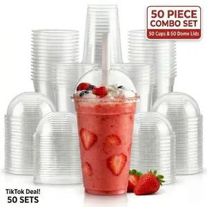 100PCS 16oz Clear Plastic Cups with Lids (50 Cups + 50 Lids), Disposable Cold Drink Cups for Milk Tea, Milkshakes, Smoothies, Slushies, Desserts, Takeout Drinks, Breakfast Parfaits, Parties, Party Supplies, and Holiday Celebrations