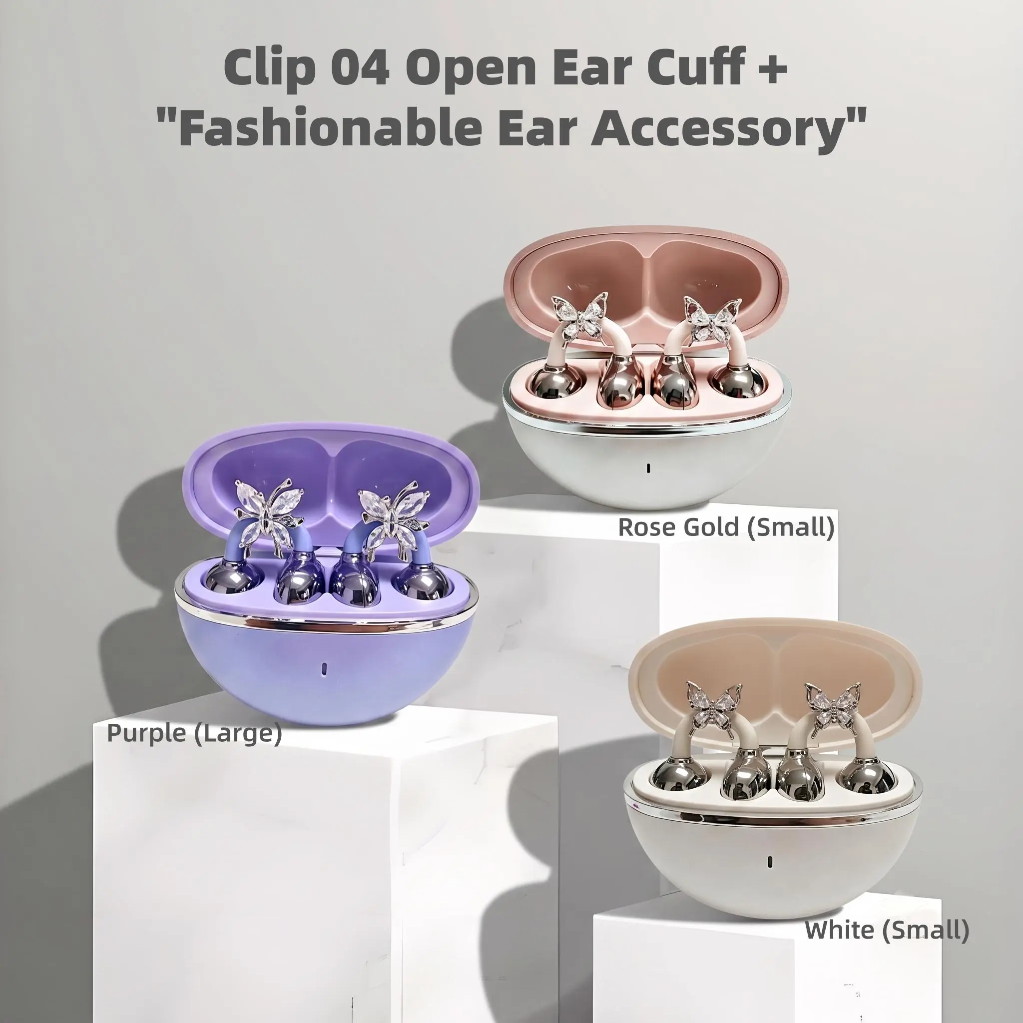 FLUFFDRIP Clip-04 Butterfly Rhinestone Clip-on Bluetooth Headphones - Portable, Dustproof Open-back Non-in-ear On-ear Device, Purple (Large), Smartphone-compatible Audio Accessory with Batteries & Charging Function for Women's Casual & Sports Use