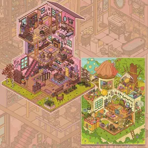 Sweet Style Women Villa Scenery Stickers, Greenly Forest Magic House, Mushroom House with Flowers, Scrapbooking & Journal Stickers, DIY Sticker