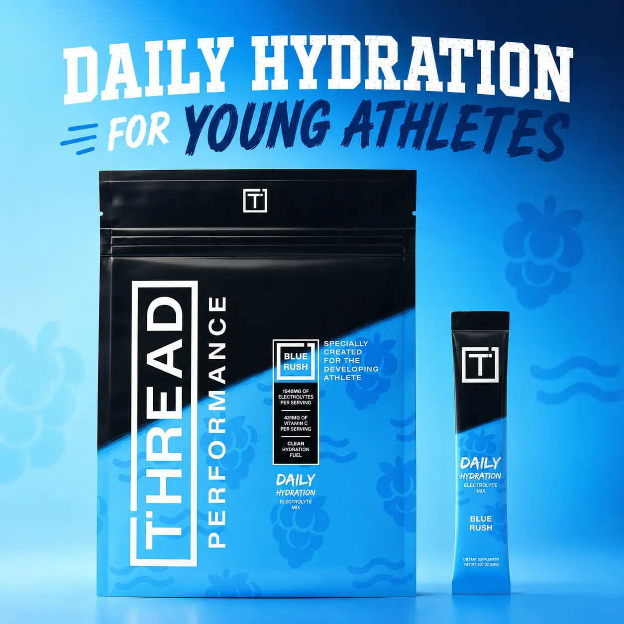 Thread Performance Daily Hydration for Teen Athletes - 5 Stick Packs - Potassium-First Hydration with Magnesium, Trace Minerals & B6 B12 - Sugar-Free Electrolyte