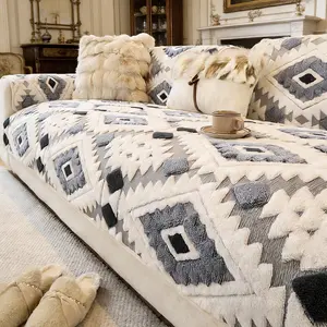 Classic Geometric Pattern Sofa Cover, Soft Skin-Friendly Embroidery, Dustproof Anti-Slip Pet Friendly, Easy Washable, Washable Couch Covers, Dustproof Sofa Slipcover, Soft Sofa Protector