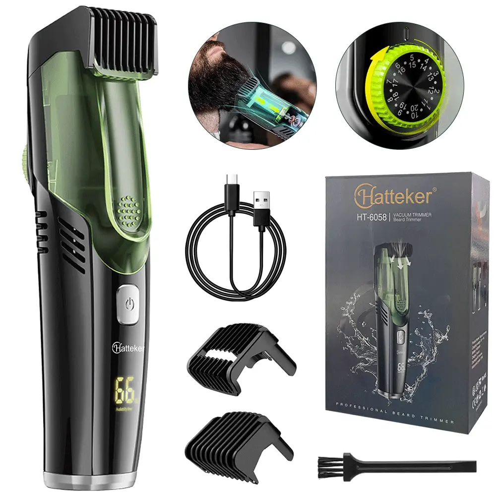 Beard Trimmer for Men Vacuum Mustache Trimmer for Less Mess -IPX6 Waterproof- Rechargeable Electric Beard Cutting Kit with Adjustable Length Comb, Trimmer with Built-in Vacuum for Sideburns, Stubble