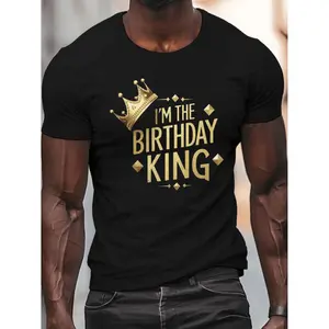 Men's "I'm The Birthday King" Golden Crown Graphic Tee - Casual Crew Neck Short Sleeve, Lightweight Polyester Summer Shirt, Party Clothing|Crown Motif Shirt|Glossy Finish, Birthday Shirt