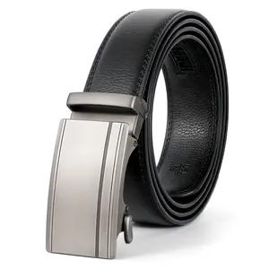 Business Style Automatic Alloy Sliding Ratchet Leather Belt For Suit Pants Jeans For Men