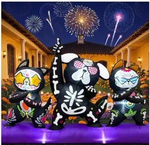7FT Day of The Dead Inflatable, Blow Up Skeleton Puppy Dog & Sugar Skull Cat Halloween Inflatables Outdoor Decorations with Built-in LEDs Dia de Los Muertos Inflatables for Mexican Party Decor
