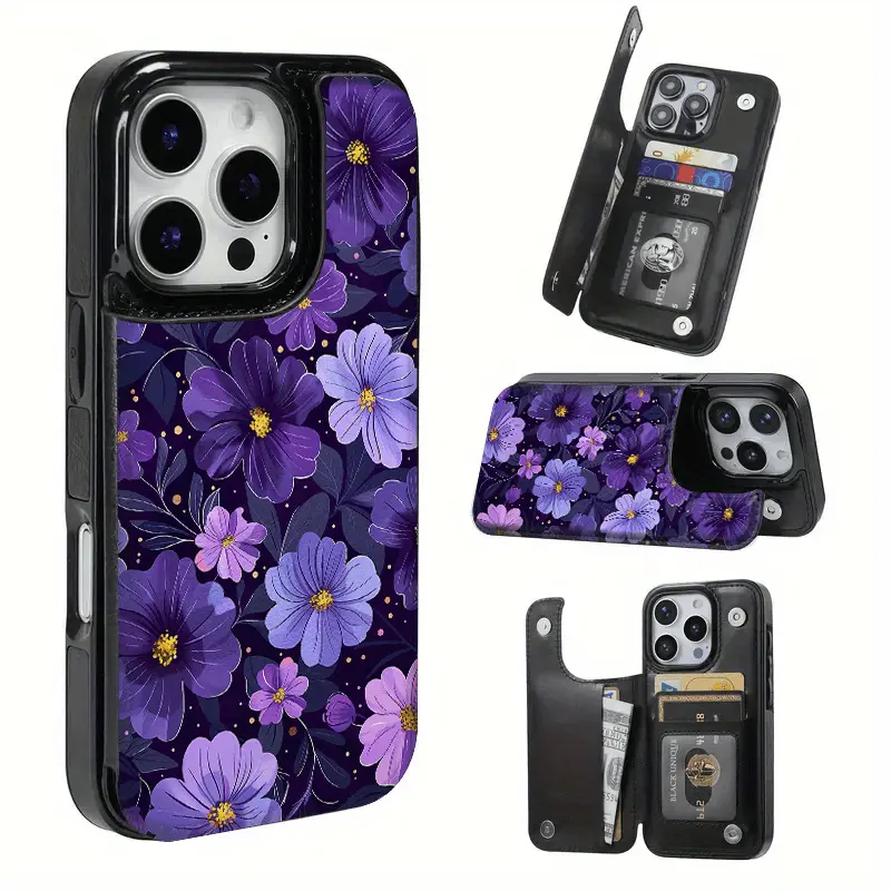 Featuring a purple floral pattern, this durable TPU card slot includes a card slot and offers various functionalities suitable for bank and transit cards. It's compatible with iPhone 17, 16, 15, 14, 13, 12, and Samsung models.