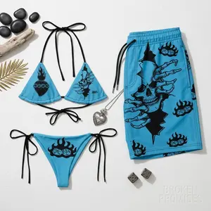 Matching Monster Hawaiian Swimsuits for Couples, Women's Tie Side Bikini Set & Men's Beach Shorts, Tropical Vacation Swimwear, Summer Beach Outfit