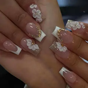 Wedding Nails 3D Flower Handmade Press On Squoval Nails Ombre White Color Dreamy Flower Design for Special Occasions