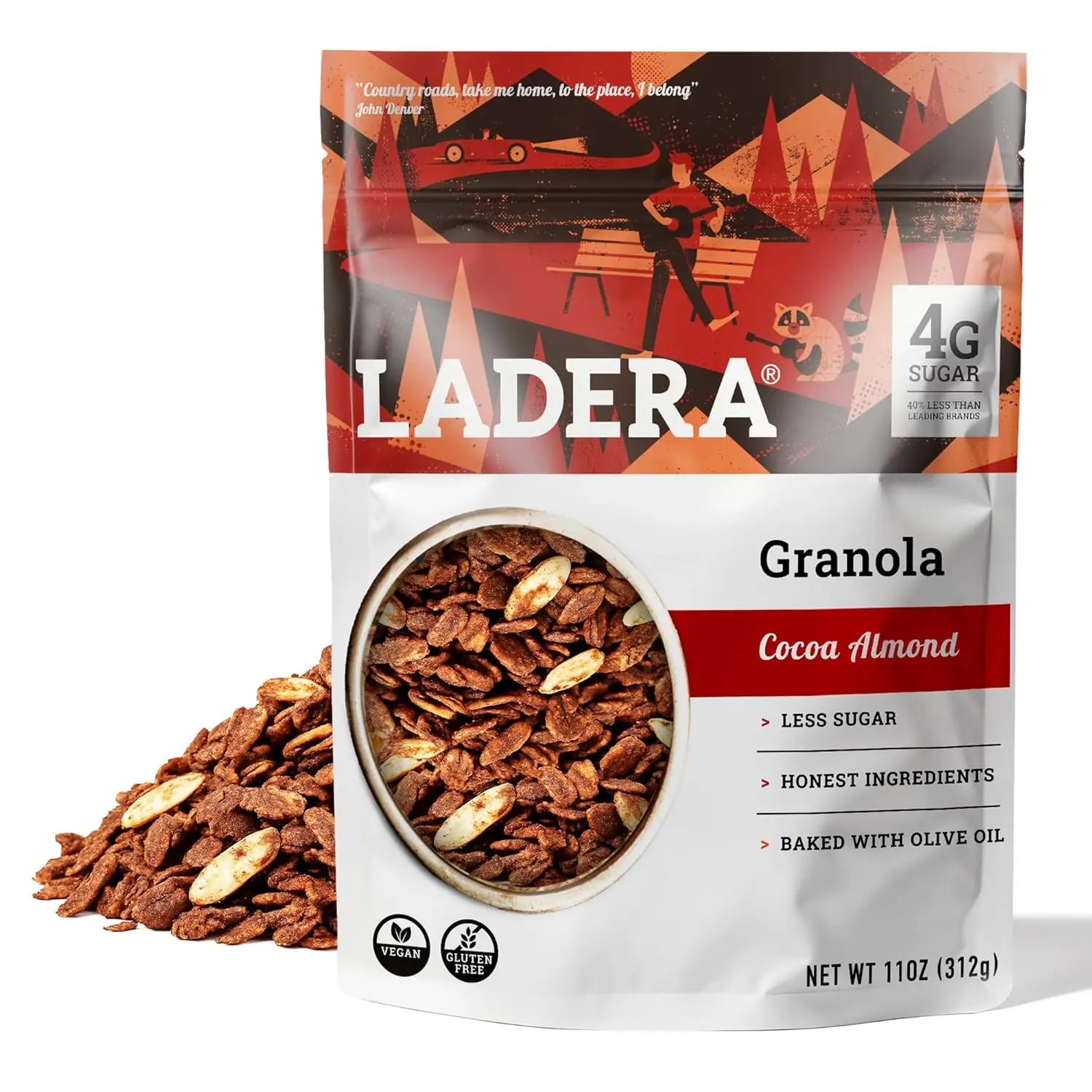 Ladera Cocoa Almond Granola, Gluten Free Vegan Granola Cereal, Low Sugar Chocolate Almond Breakfast Granola, Honest Ingredients, Crunchy Whole Grain Snack, 11 oz Bag