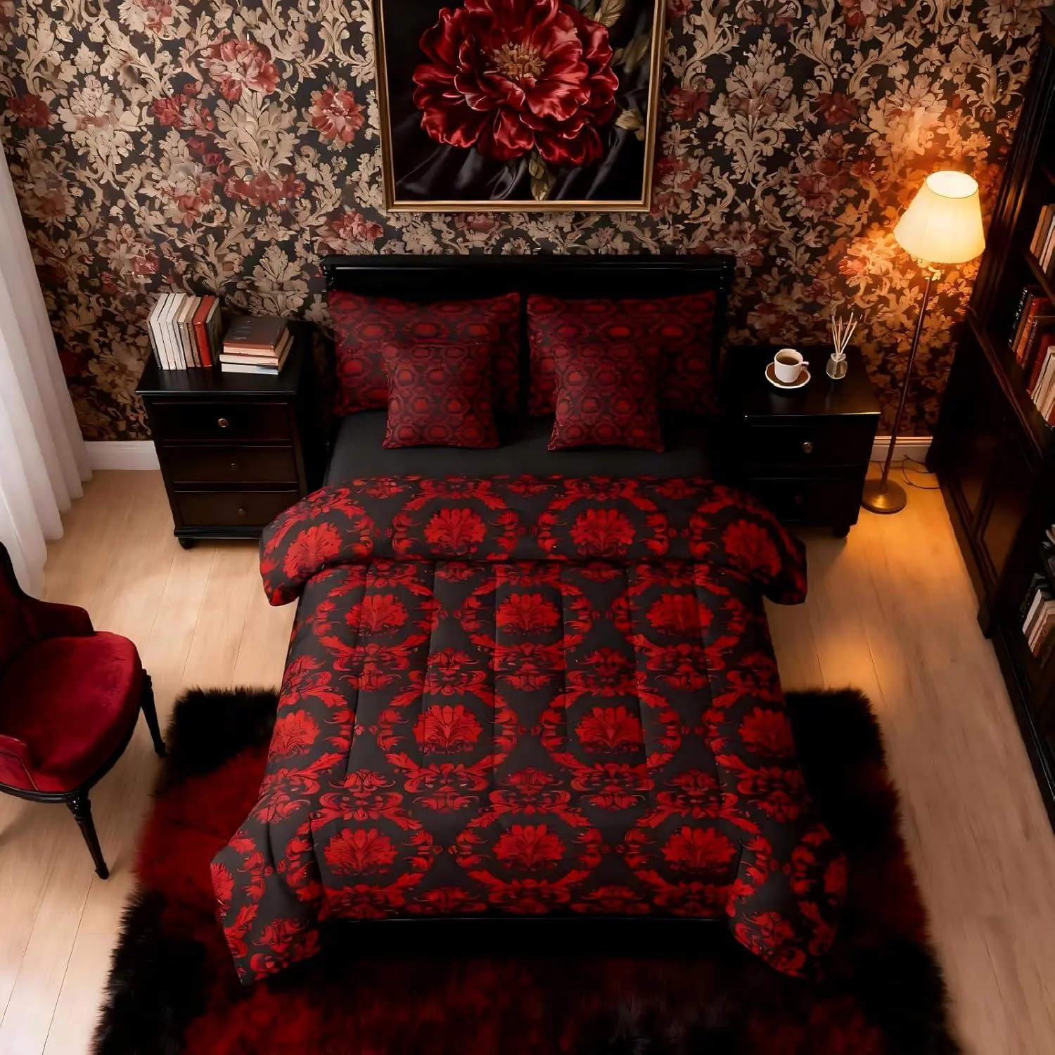 Feelyou 7-Piece Damask Floral Bedding Set - Black and Red Victorian Gothic Baroque Quilt Bedding Set, Breathable Soft Luxury Bed-in-a-Bag with Sheets, Machine Washable Goth Textile (Vintage, Queen & Multi-Size Options), Bedding Sets
