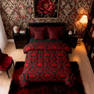 Feelyou 7-Piece Damask Floral Bedding Set - Black and Red Victorian Gothic Vintage Baroque Comforter Set with Sheets, Breathable Soft Luxury Bed-in-a-Bag, Machine Washable Goth Textile (Multi-Size)