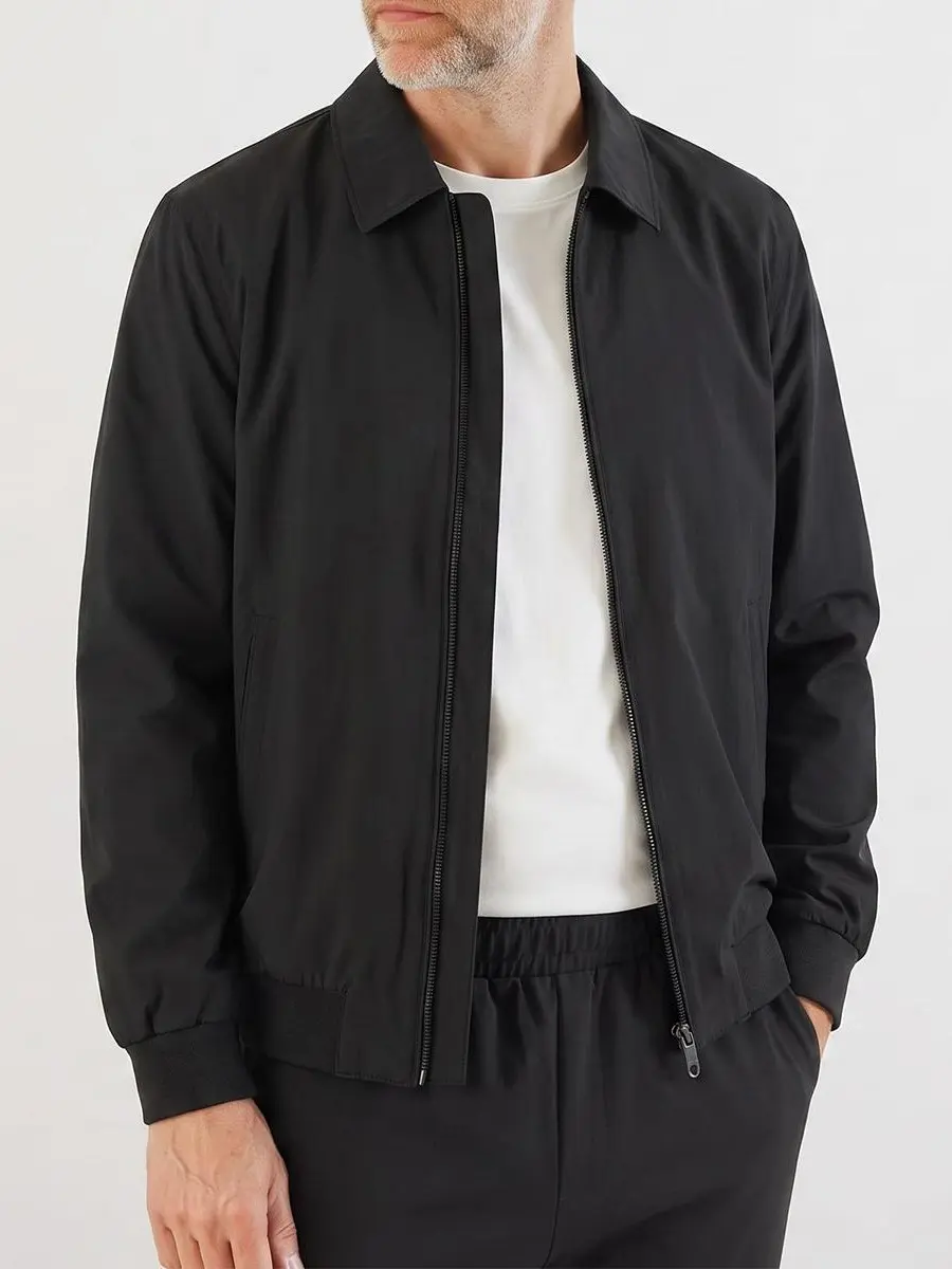 Men's Elegant Flat Lapel Collar Business Bomber Jacket - Solid Black Elastane Fabric, Windproof Zipper-Up, Thin Wrinkle-Free Lightweight Minimal Outerwear, Elastic Rib Cuffs & Hem, Pockets, Cold Wash, for Mature Dads, Office Outfits, Dress Shirts, Coats,