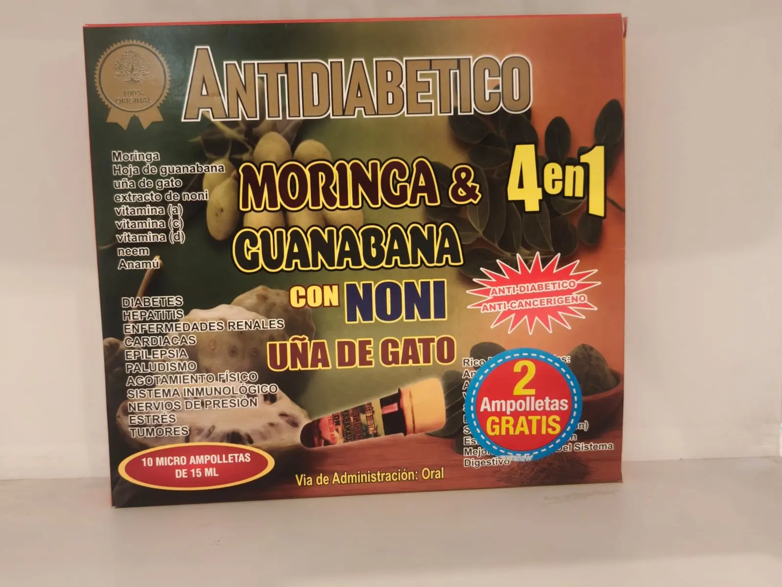 2 free ampoules of the antidiabetic formula with moringa, soursop, noni, and cat's claw.