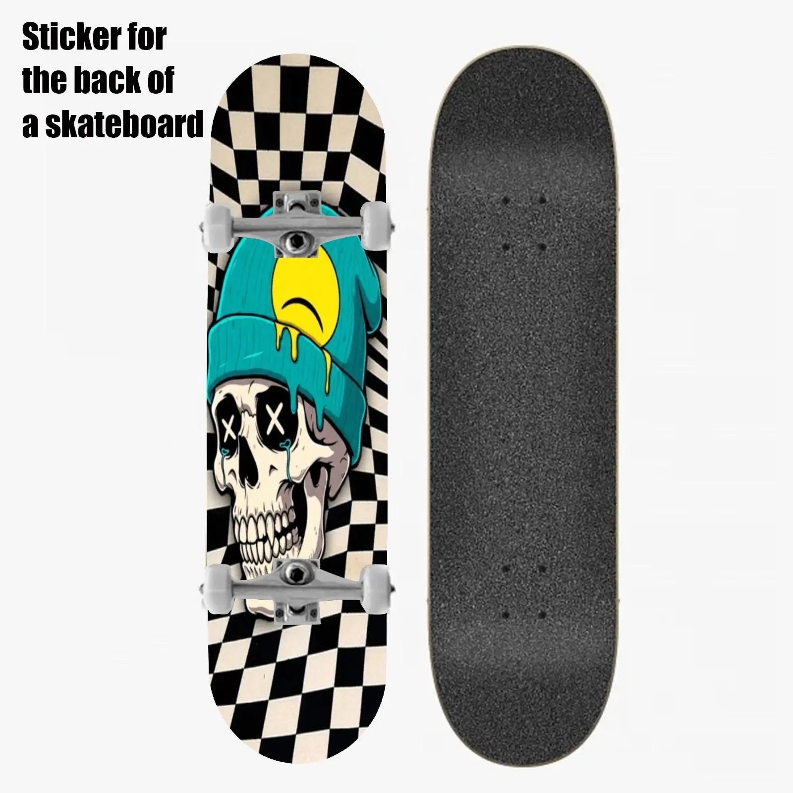 A themed printed skateboard sticker measuring 9 by 33 inches in a unique and trendy art style with a black and white