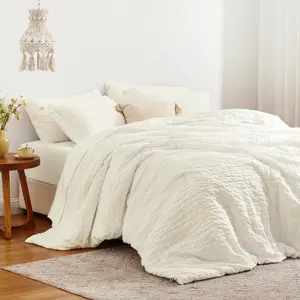 Seersucker Ivory 7 Pieces Comforter Set Full, All Season Bedding Set, Full Bed in a Bag with Comforter, Flat Sheet, Fitted Sheet, Pillowcase and Pillow Sham