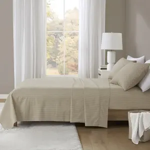 360 Stand True North King Size 100% Cotton Flannel Stripe Print Sheet Set, Beige & White, All-Season, Wrinkle-Free, Model TN20-0601