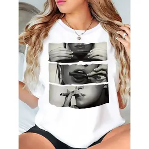 [100%25 Cotton] Women'S Figure Print Round Neck Tee, Stylish Casual Crew Neck Short Sleeve T-Shirt For Daily Holiday Vacation Outdoor Wear, Ladies Clothes For Summer T-Shirt For Men And Women