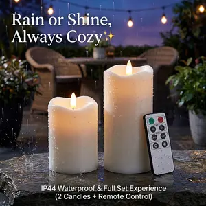 2-pack,Outdoor IP44 waterproof flameless candles, realistic twinkling LED cylindrical plastic candles, 2400+ hrs runtime, includes remote control, timer, Powered by 2 C batteries, for patio gardens and home décor (white, Φ 3" H 4" 6")
