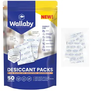 Wallaby 5 gram Silica Gel Desiccant Dehumidifier Packs (50 Count) Food Safe Pure White - Rechargeable Moisture Absorbers