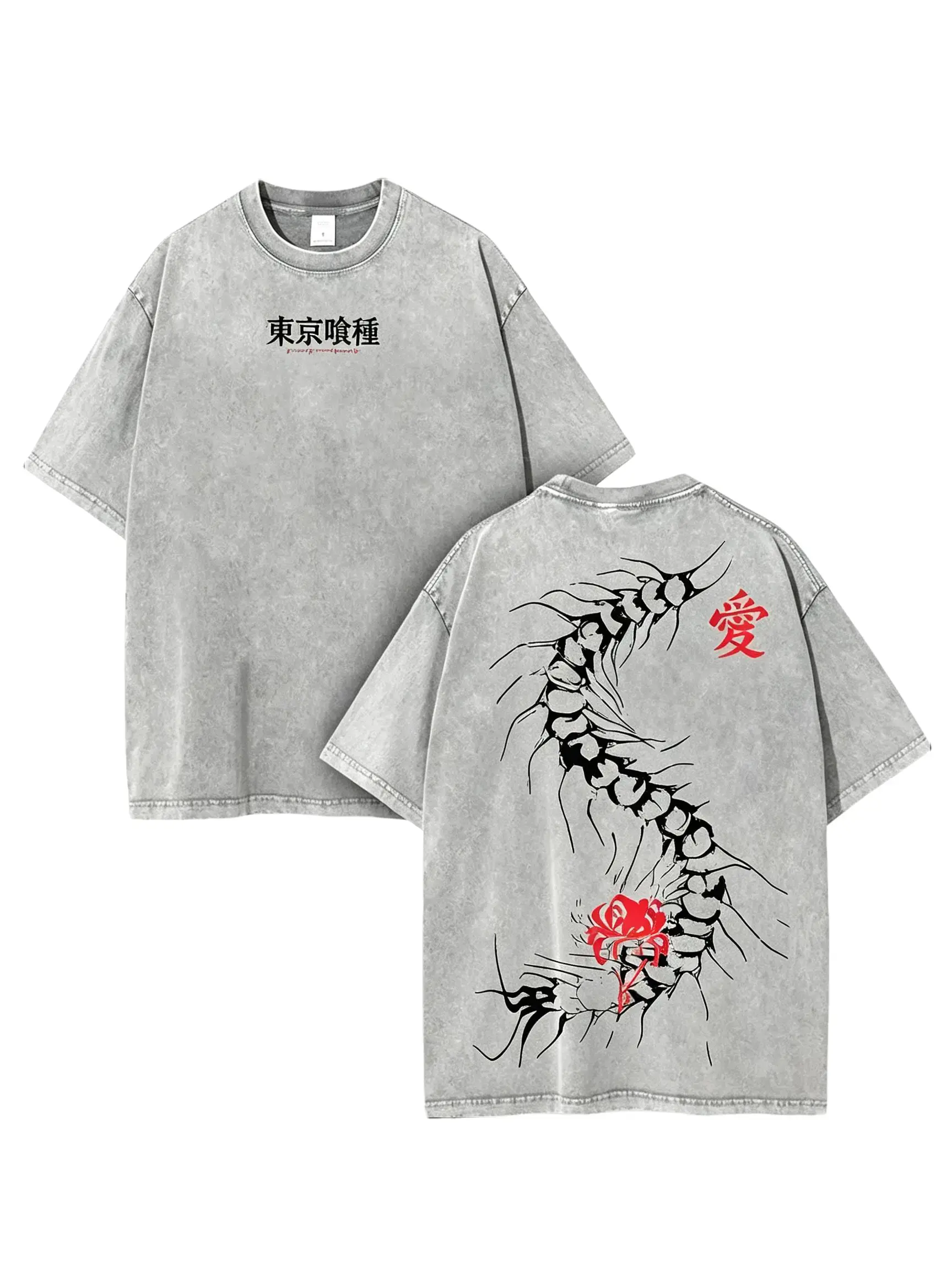Monster Centipede Anime Graphic T Shirt,Front Back Vintage Washed Gray Spider Lily Print Oversized Loose Cut,Soft Breathable Cotton Fabric,Unisex Horror Anime Fans Teens Adults,Daily Street Anime Convention Casual Wear.