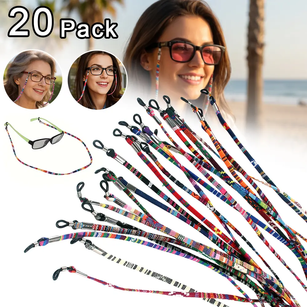 20-Piece Vibrant Ethnic Braided Eyeglass Straps for Women, Adjustable Anti-Slip Nylon Holder for Sunglasses & Myopia Glasses, Nylon Fabric, Neck Strap, National Look, 20Pcs Set, Indoor/Outdoor, Unisex Fit, Adults Or Teens