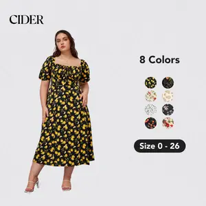 Cider [10 colors, Size 0-26] Cider Fruit A-Line Dress with Adjustable Bust & Detachable Puff Sleeves, Plus Size Lightweight Spring-Summer Dresses, Cute Shirred Midi with Stretchy Back Panel