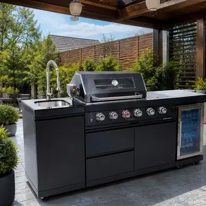 85-Inch Traditional Outdoor Kitchen Gas Grill, Stainless Steel 4-Burner Island with Granite Countertops, Glass Door Refrigerator, Rotisserie Kit & Sink