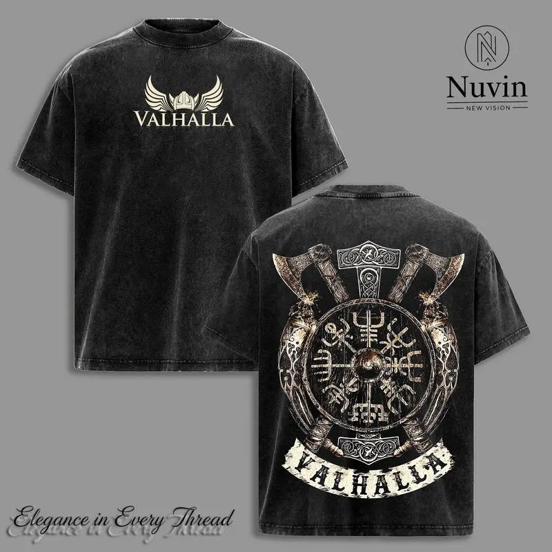 Valhalla Viking Warrior Vintage T-Shirt, Norse Mythology Odin’s Hall Graphic Tee, Nordic Rune Battle Streetwear Unisex Heavy Cotton Top, Retro Washed Gift for Viking Fans