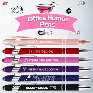 6 Pack Humor Quote Stylus Ballpoint Pens with Pen Pouch | Assorted Colors | Metal | Smooth Black Ink | School & Office Supplies