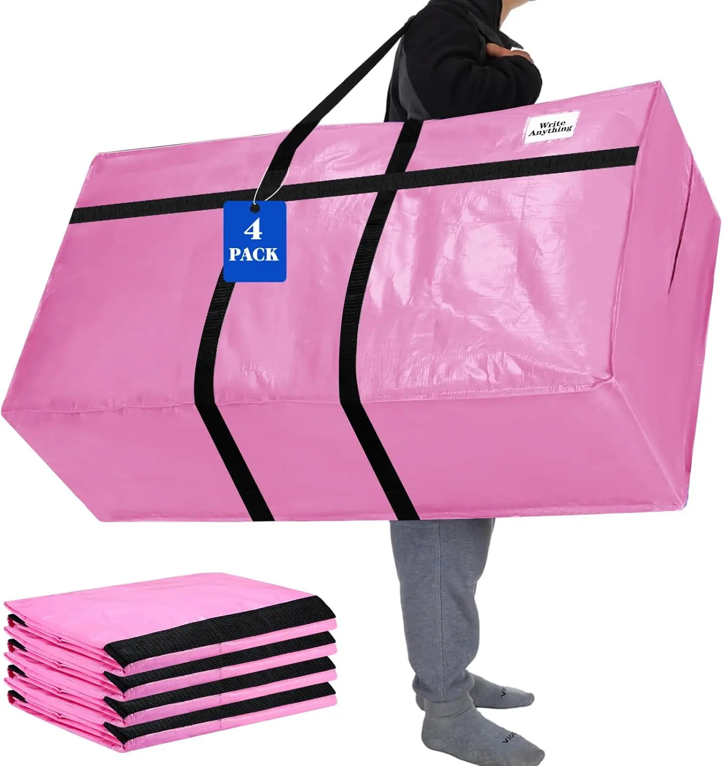 4-Pack 69 Gal Extra Large Household Organiser Storage Bags, XXL Heavy Duty Foldable Tote with Strong Zipper & Handle, for College Dorm Travel Clothes Blankets Pillows (Pink)
