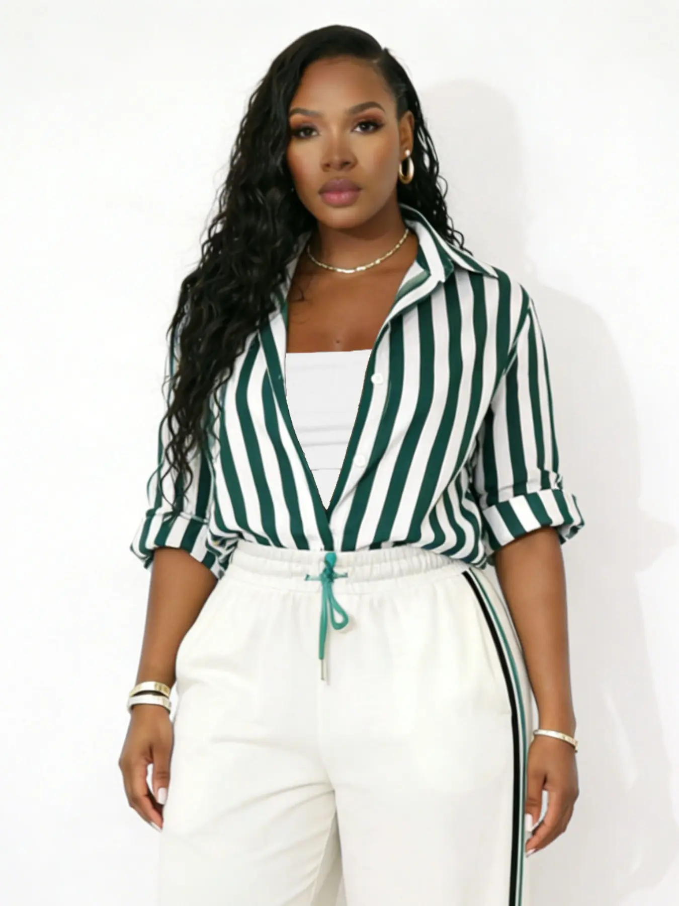 Striped Long Sleeve Fitted Casual Collared Blouse Shirt Womenswear Lady (Navy / Moss) Casual Blouse Shirts