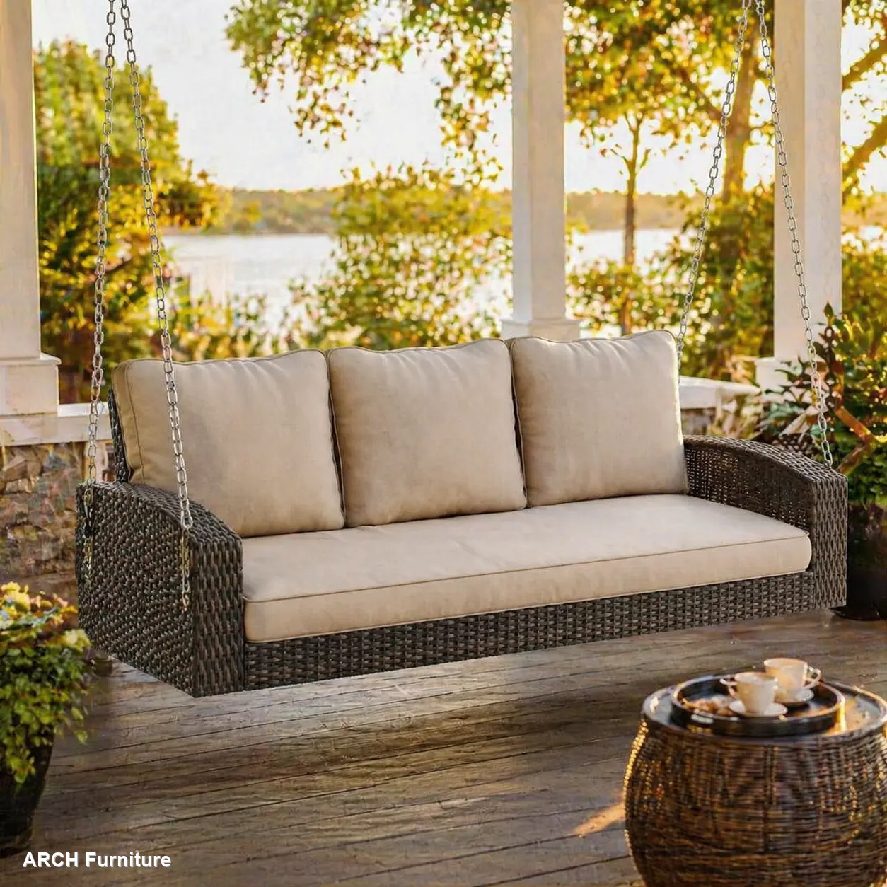 ARCH GO 69-in Handwoven All-Weather PE Wicker 3-Seat Porch Swing with Chains, Large Size Patio Swing with Cushions, Woven Detail, Quick Setup for Backyard, Garden, Patio Furniture, Outdoor Patio Furniture
