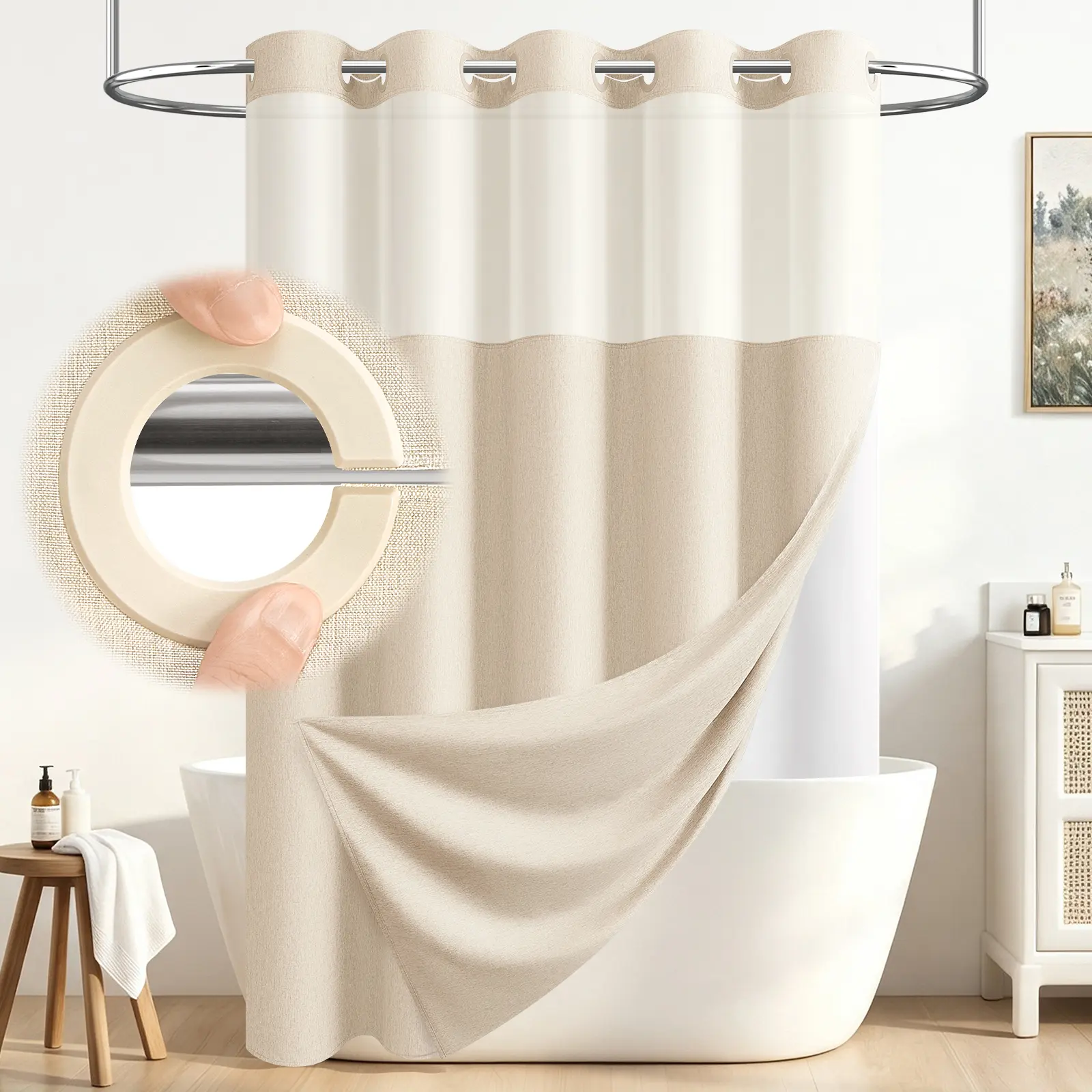 DYNAMENE No Hook Faux-Linen Shower Curtain Set with Snap-In Wahsable Liner, Mesh Window and Weighted Magnats, Two Layer Water-Resistant Machine Washable Bathroom Curtain for Home, RV, Hotel Use, Cortina de baño sin ganchos