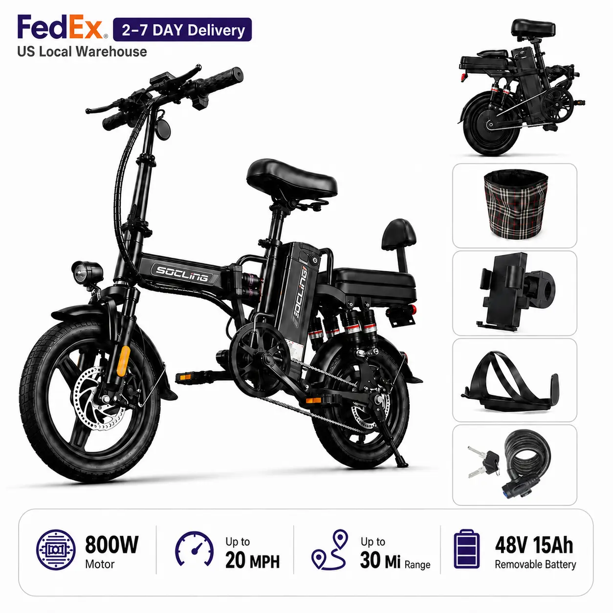Folding Electric Bike for Adults, 800W Motor, Up to 20MPH, Up to 30 Mi Range, 14" Electric Bicycle, 48V 15Ah Removable Battery, 2-Person E-Bike, 3 Riding Modes, Mechanical Disc Brakes, UL2849 Certified, Commuter & Outdoor Fun