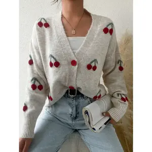 Women's loose neck sweater, cute flower cherry pattern button up front cardigan, autumn and winter mid size knitted topRAIMENTRY