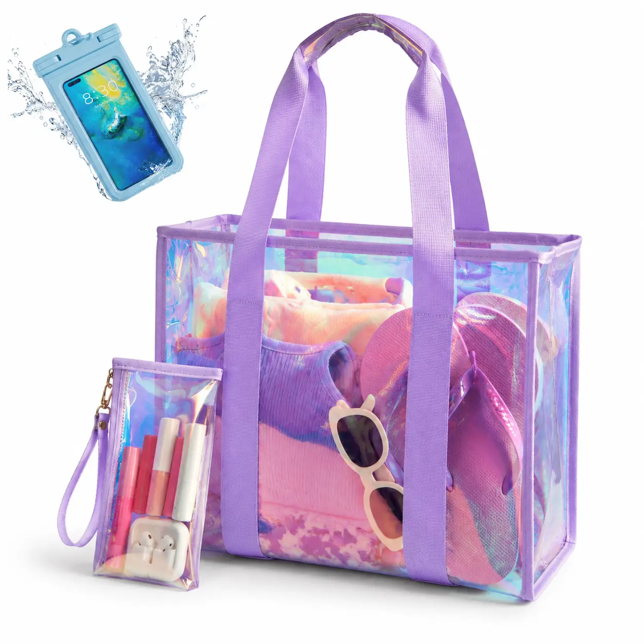 Women's Large Clear Holographic PVC Beach Tote Bag w/ Waterproof Makeup & Phone Pouch – Summer Pool, Sandproof Sand Beach Bag, Travel, Picnic, Gym, Vacation Essentials,YM101