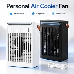 APZZLOXH USB-C Desktop Evaporative Personal Air Cooler Fan with 680ml Water Tank, Mist Function, 5 Speeds, Timer, and 7-Color Light