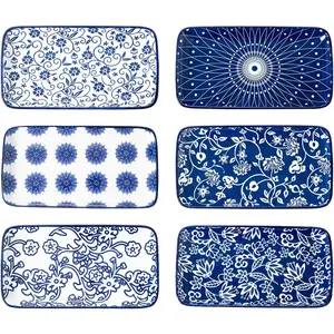 Ceramic Rectangle Salad Plates Set - 8.1" x 4.5" Rectangular Serving Platter - Serving Trays for Sushi Dinner Dessert Pasta Appetizer - Oven Microwave Dishwasher Safe - Set of 6 - Vintage Blue