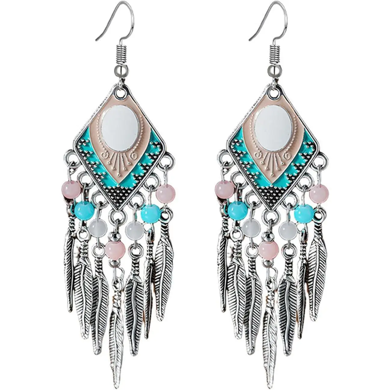Blue Turquoise Dream Catcher Feather Earrings for Women Vintage Bohemian Western Jewelry Native American Indian Dream Catcher Feather Dangle Earrings