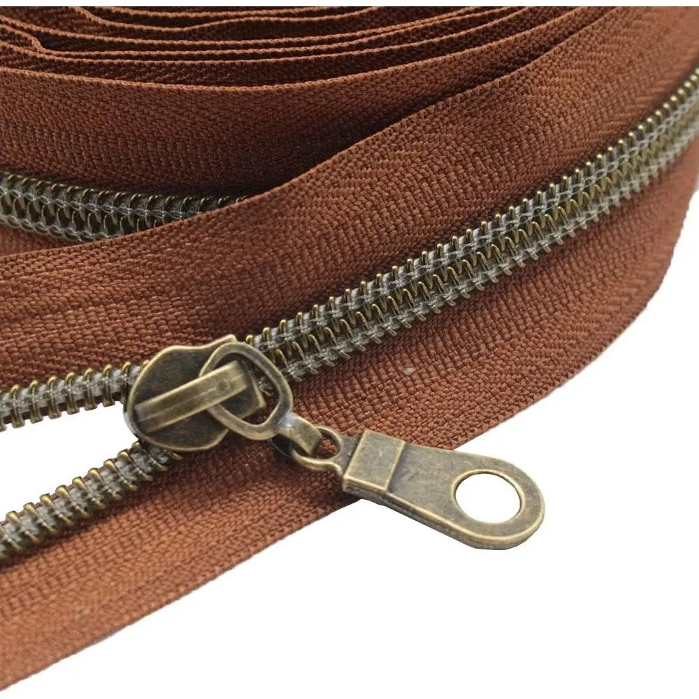 #5 Antique Brass Metallic Nylon Coil Zippers by The Yard Bulk Coil Zipper Roll 10 Yards with 25 count Pulls for DIY Sewing Craft Bags (Brown)