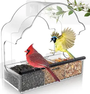 Window Bird Feeders for Outside, Clear Bird Window Feeder with 3 Strong Adhesive Sheets, Transparent Acrylic Bird House for Window Viewing, Removable Tray, Wild Bird Watching Present